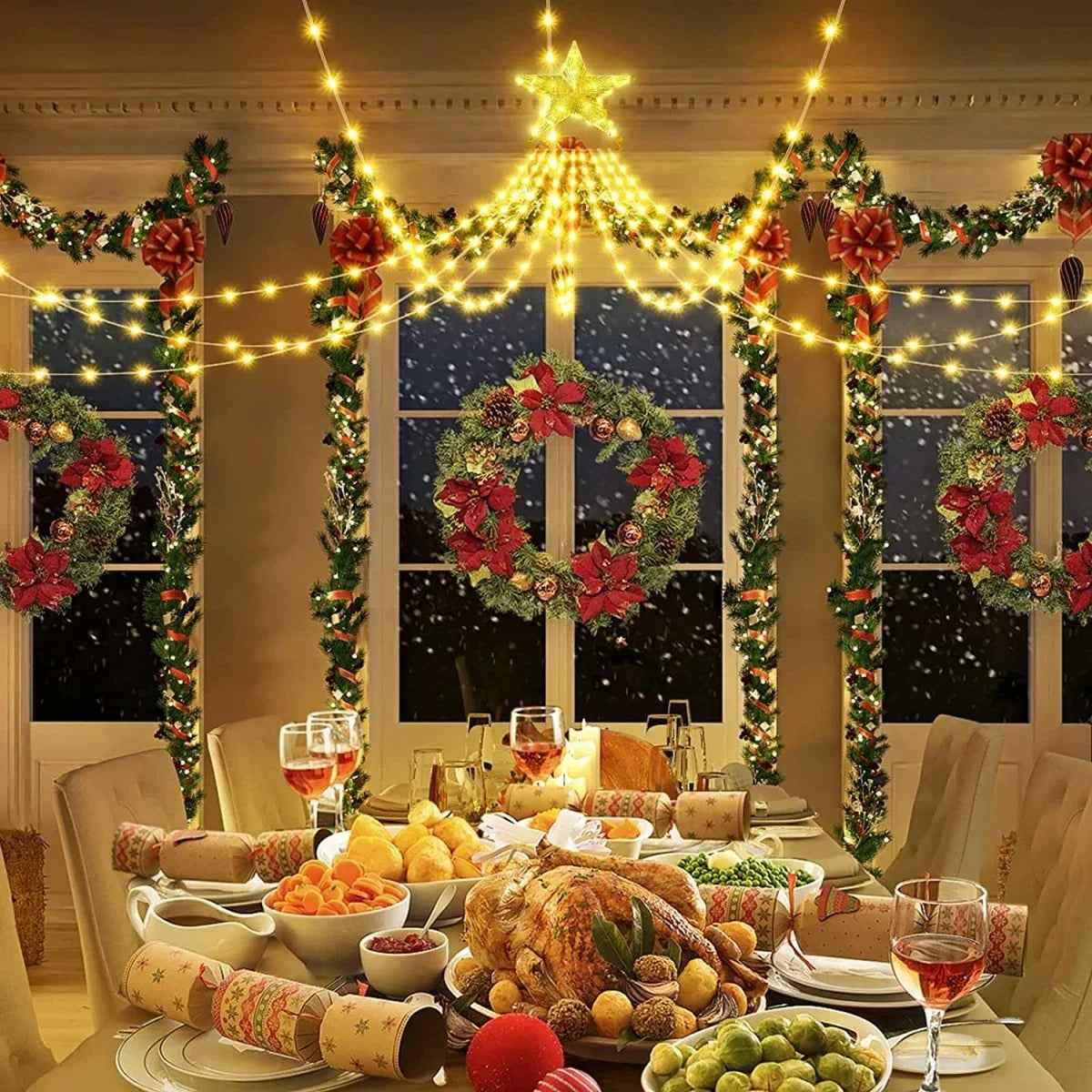 Christmas Decoration Star String Lights 300LED 8 Modes Waterfall Christmas Tree Fairy Lights for Outdoor Wedding Holiday