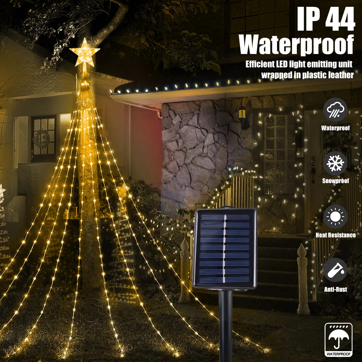 Christmas Decoration Star String Lights 300LED 8 Modes Waterfall Christmas Tree Fairy Lights for Outdoor Wedding Holiday