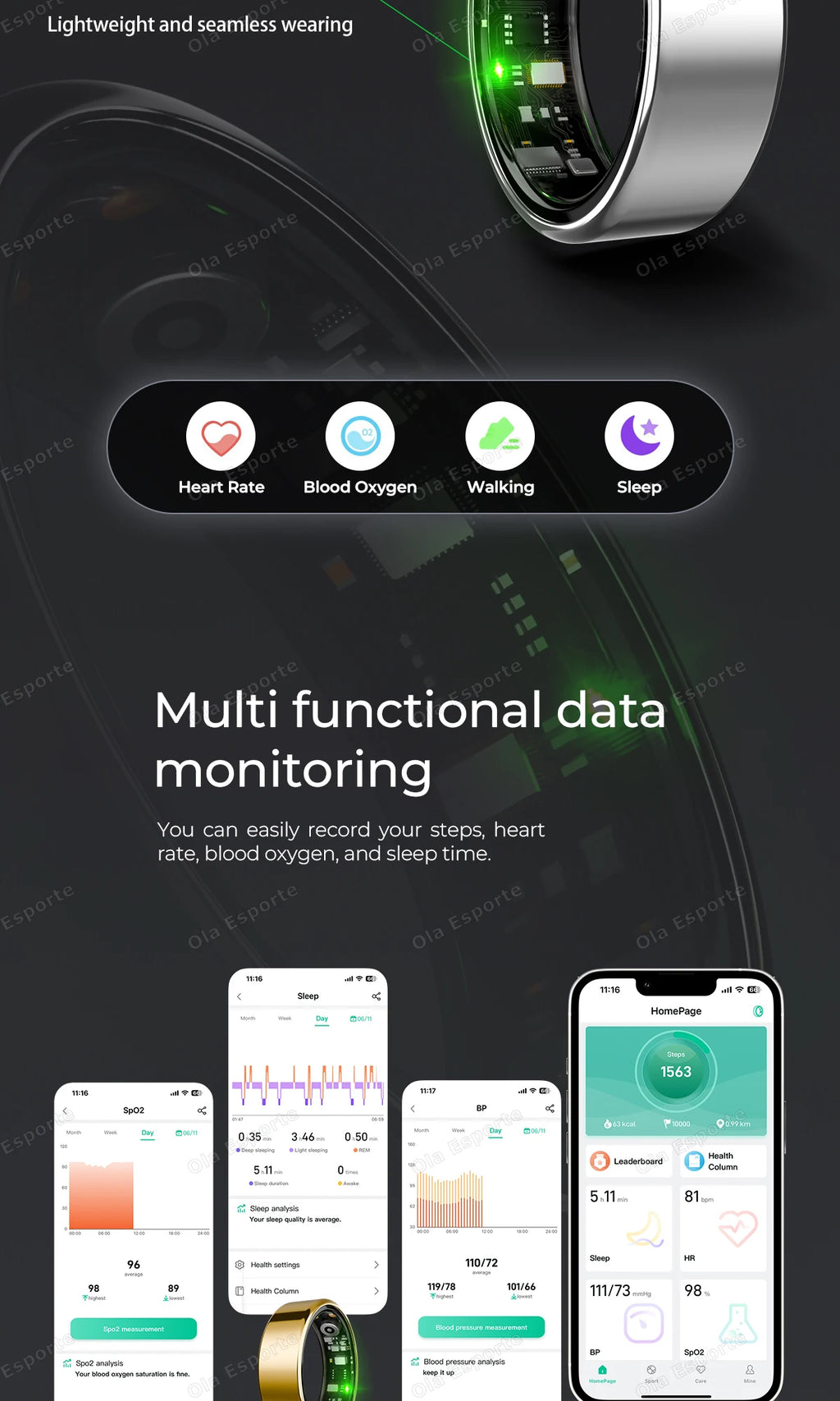 Men Women Smart Ring With Charging Case Heart Rate Sleep Sport Fitness Tracker 3ATM Take Photo SmartRing Android IOS