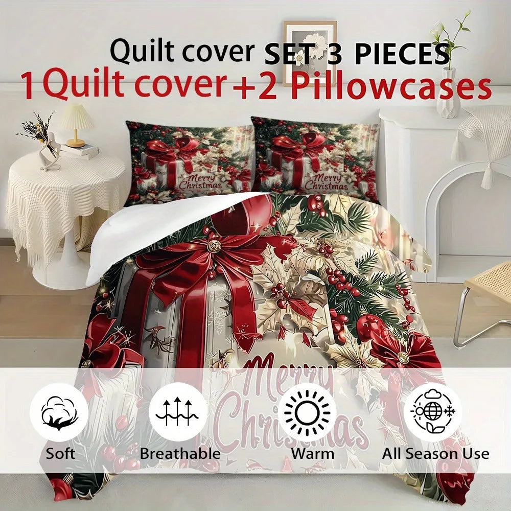 Christmas Bedding Set Red Bow Flowers Printed Cozy Duvet Cover