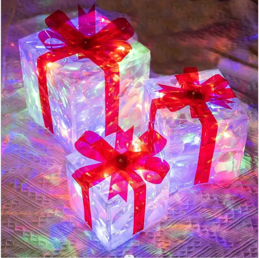 3pcs Light Up Gift Boxes Glowing Decoration Folding Box with Bow