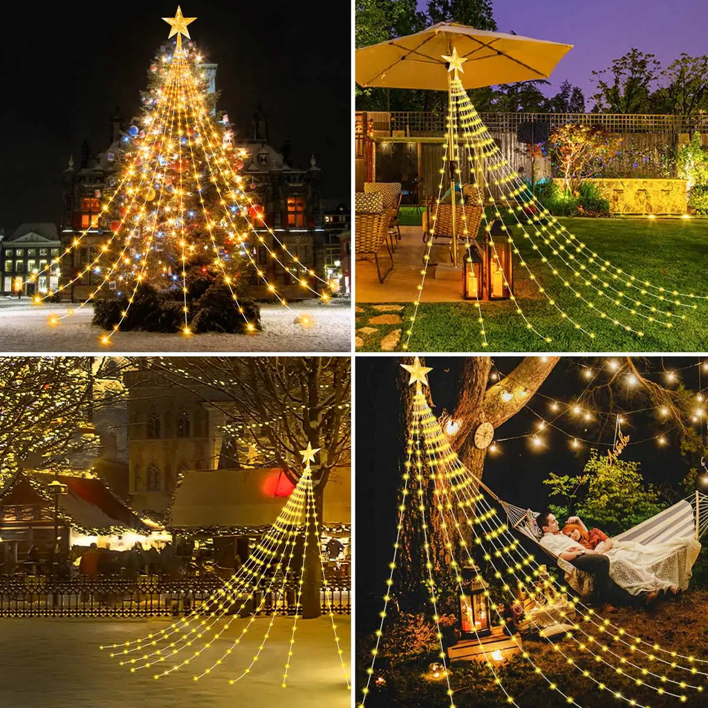 Christmas Decoration Star String Lights 300LED 8 Modes Waterfall Christmas Tree Fairy Lights for Outdoor Wedding Holiday