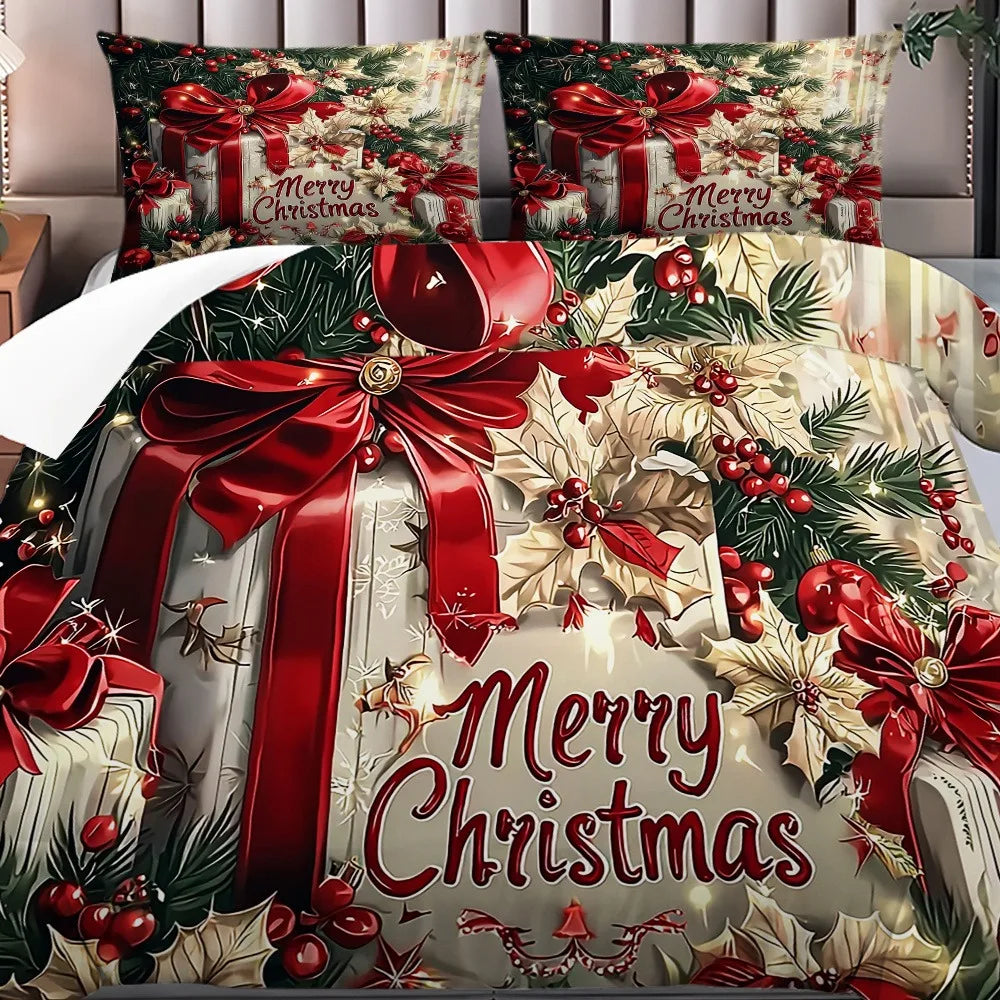 Christmas Bedding Set Red Bow Flowers Printed Cozy Duvet Cover