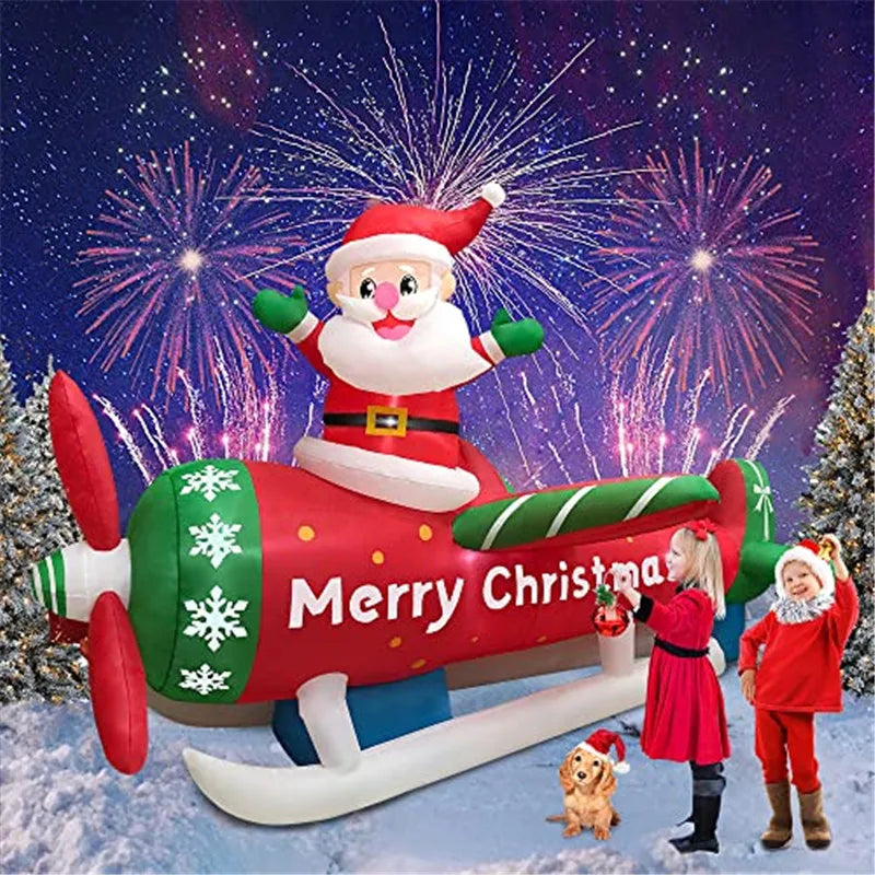 2.7M/9FT Christmas Ornament Inflatable Toys Santa Plane Built-in LED Lights