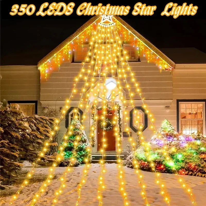 Christmas Decoration Star String Lights 300LED 8 Modes Waterfall Christmas Tree Fairy Lights for Outdoor Wedding Holiday