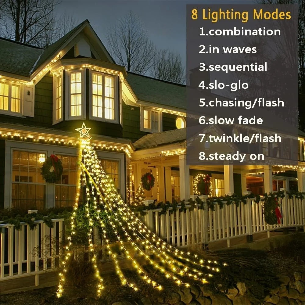 Christmas Decoration Star String Lights 300LED 8 Modes Waterfall Christmas Tree Fairy Lights for Outdoor Wedding Holiday