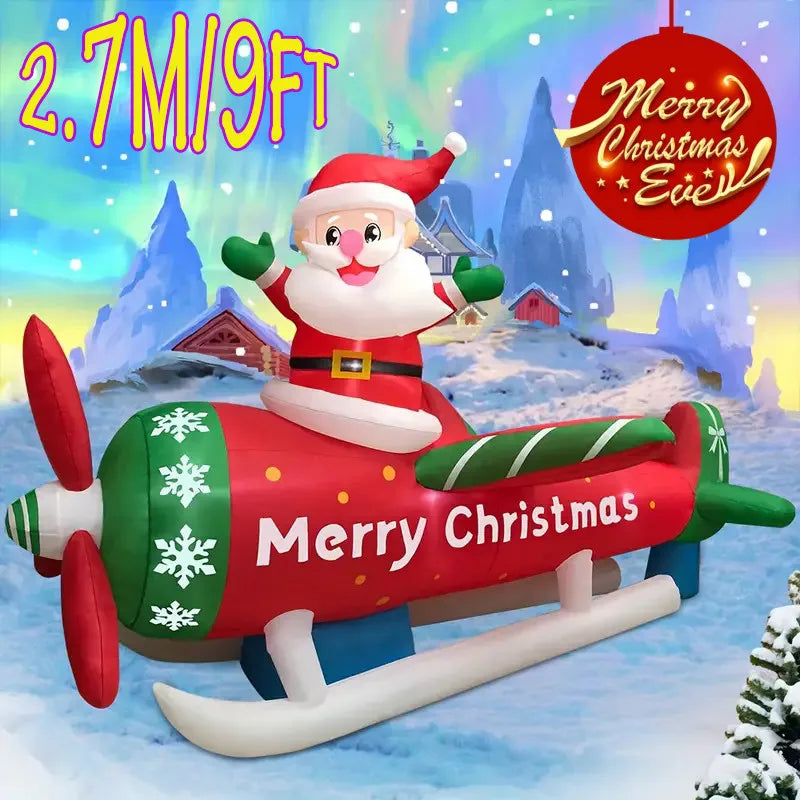 2.7M/9FT Christmas Ornament Inflatable Toys Santa Plane Built-in LED Lights