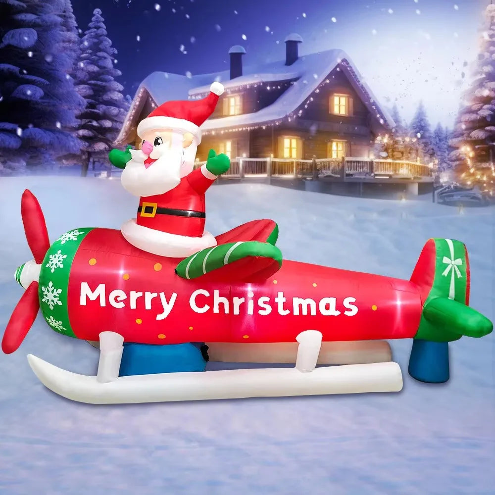 2.7M/9FT Christmas Ornament Inflatable Toys Santa Plane Built-in LED Lights