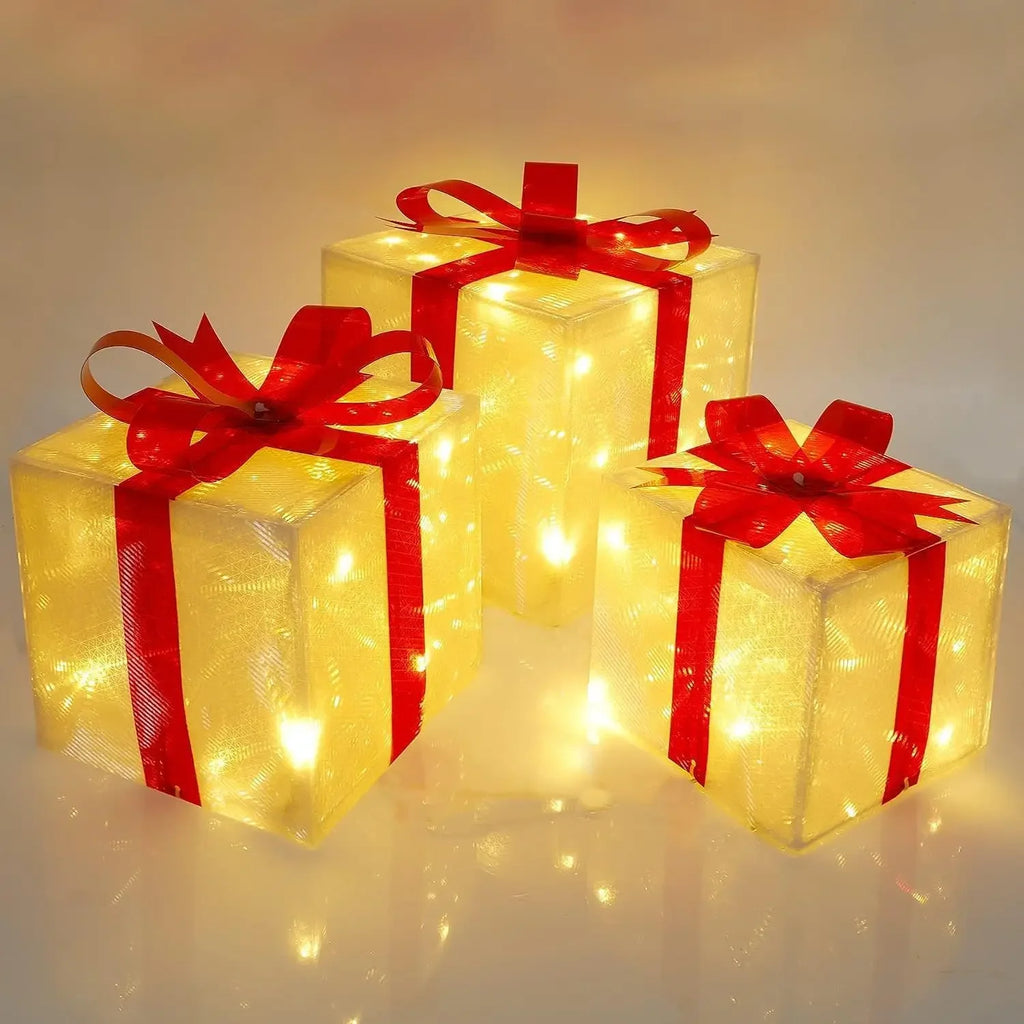 3pcs Light Up Gift Boxes Glowing Decoration Folding Box with Bow