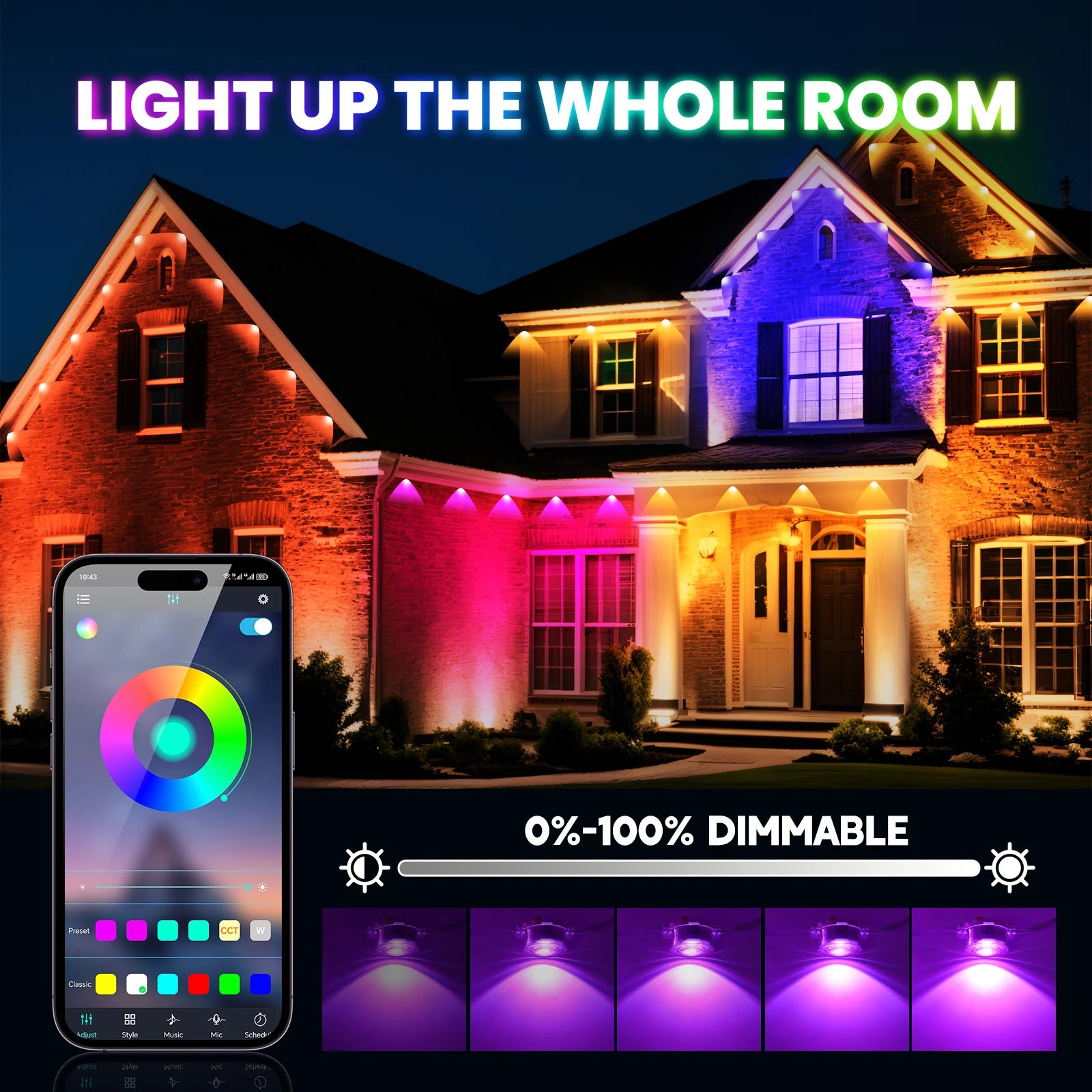 Smart RGB Eave Lights  Waterproof, APP&Remote Control,Timer, Dimmable, LED