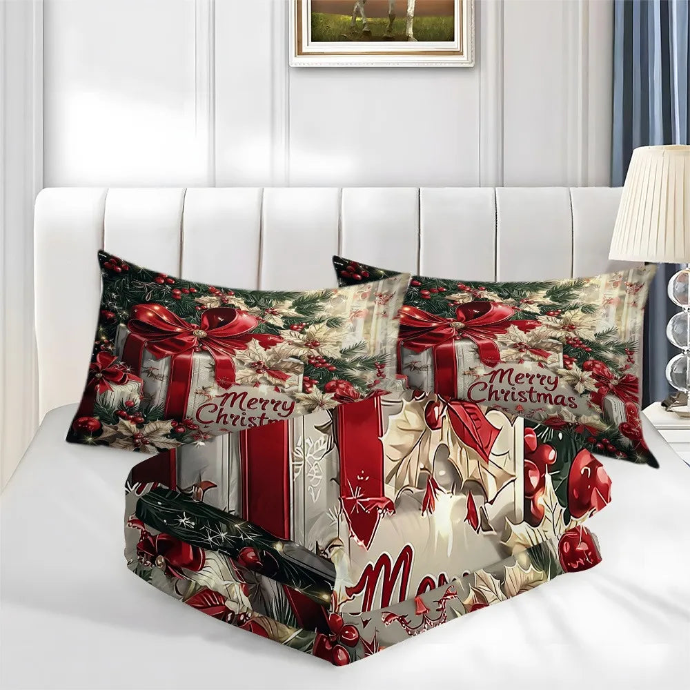 Christmas Bedding Set Red Bow Flowers Printed Cozy Duvet Cover