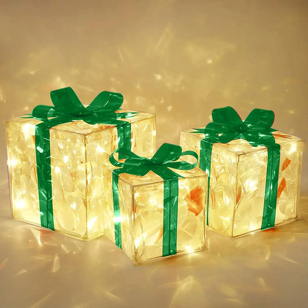 3pcs Light Up Gift Boxes Glowing Decoration Folding Box with Bow