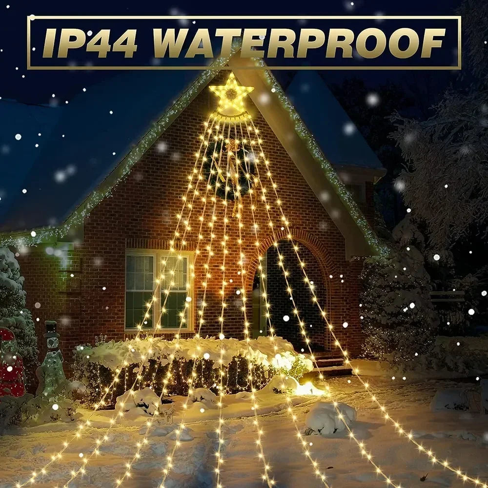 Christmas Decoration Star String Lights 300LED 8 Modes Waterfall Christmas Tree Fairy Lights for Outdoor Wedding Holiday