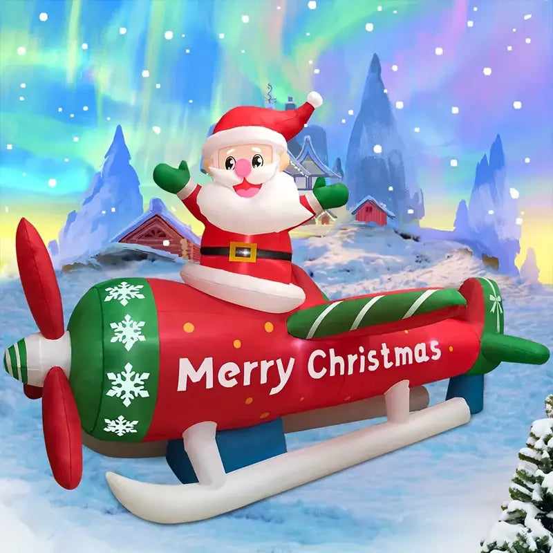 2.7M/9FT Christmas Ornament Inflatable Toys Santa Plane Built-in LED Lights