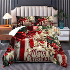 Christmas Bedding Set Red Bow Flowers Printed Cozy Duvet Cover