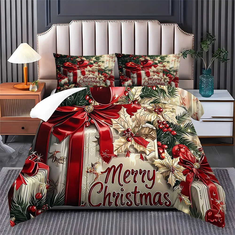 Christmas Bedding Set Red Bow Flowers Printed Cozy Duvet Cover