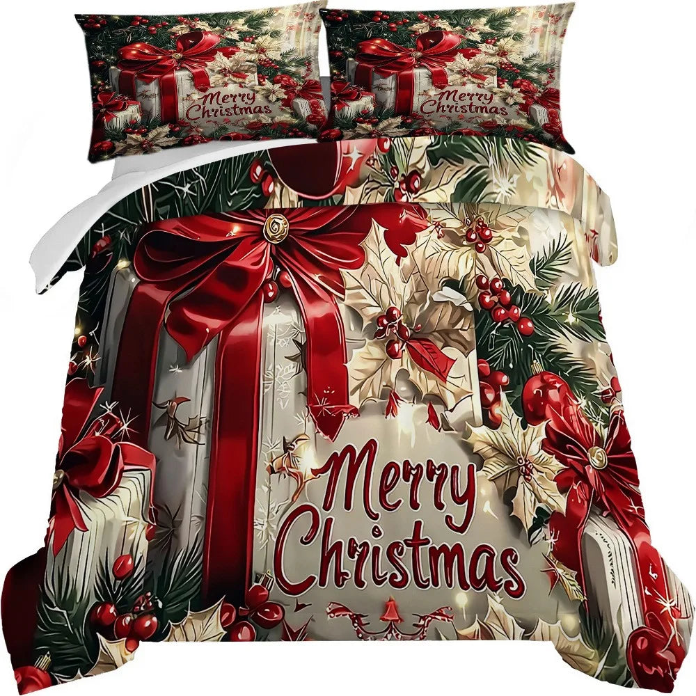 Christmas Bedding Set Red Bow Flowers Printed Cozy Duvet Cover