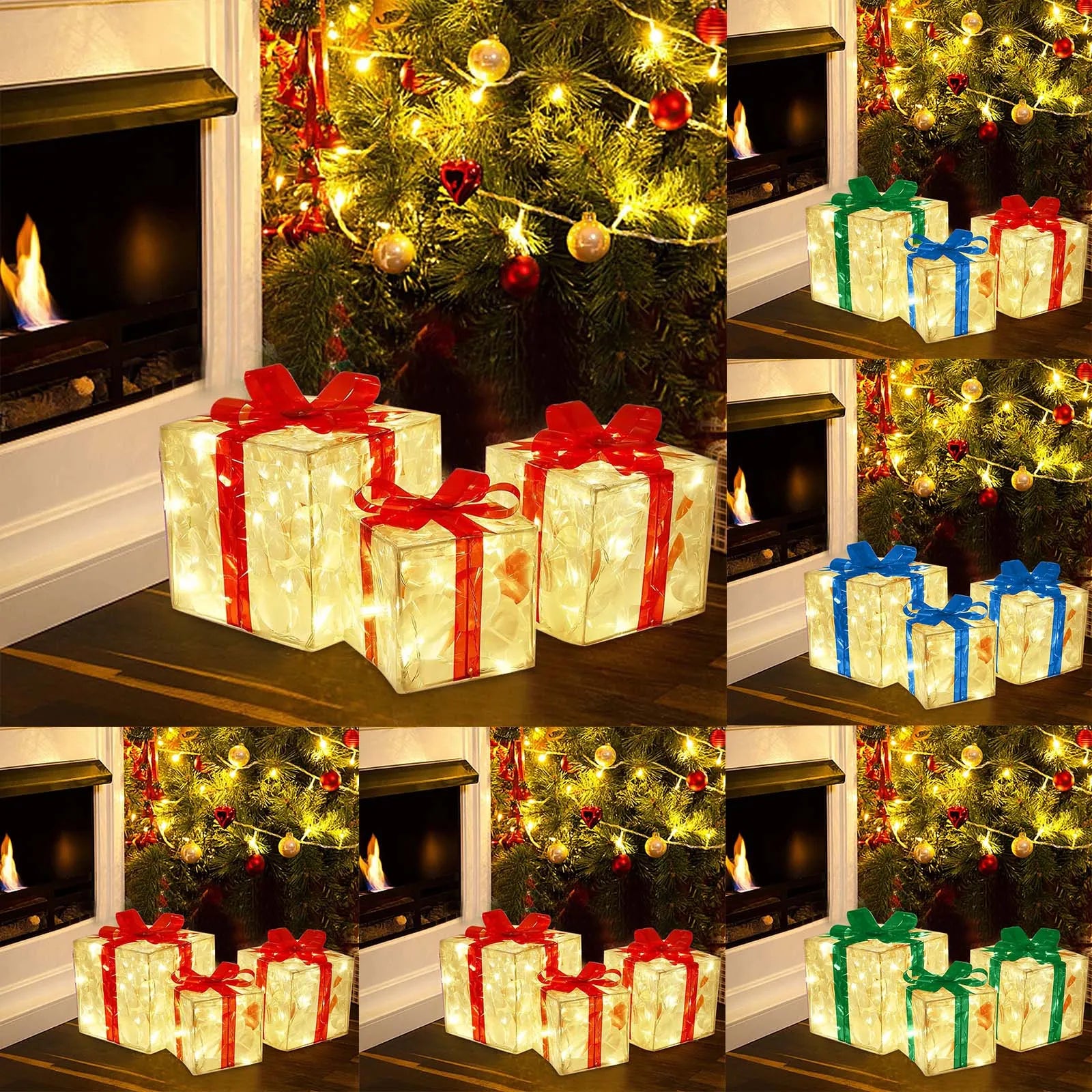 3pcs Light Up Gift Boxes Glowing Decoration Folding Box with Bow