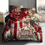 Christmas Bedding Set Red Bow Flowers Printed Cozy Duvet Cover