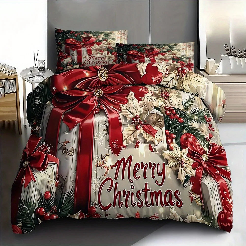 Christmas Bedding Set Red Bow Flowers Printed Cozy Duvet Cover