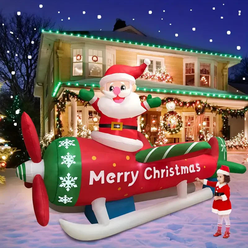 2.7M/9FT Christmas Ornament Inflatable Toys Santa Plane Built-in LED Lights