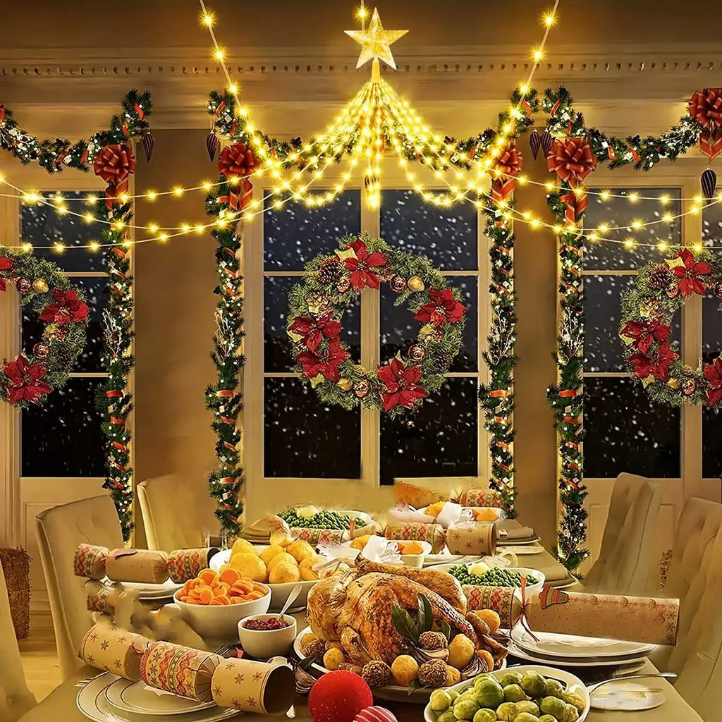 Christmas Decoration Star String Lights 300LED 8 Modes Waterfall Christmas Tree Fairy Lights for Outdoor Wedding Holiday