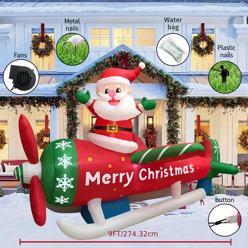 2.7M/9FT Christmas Ornament Inflatable Toys Santa Plane Built-in LED Lights