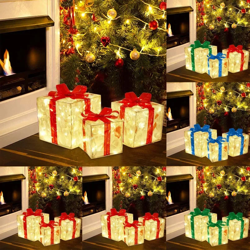 3pcs Light Up Gift Boxes Glowing Decoration Folding Box with Bow