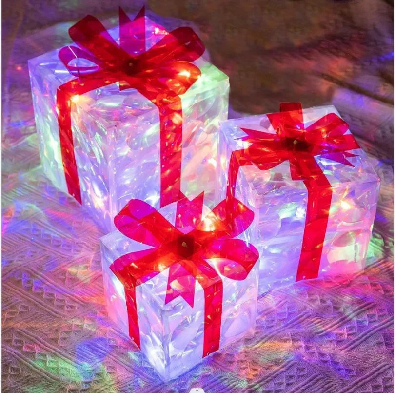 3pcs Light Up Gift Boxes Glowing Decoration Folding Box with Bow