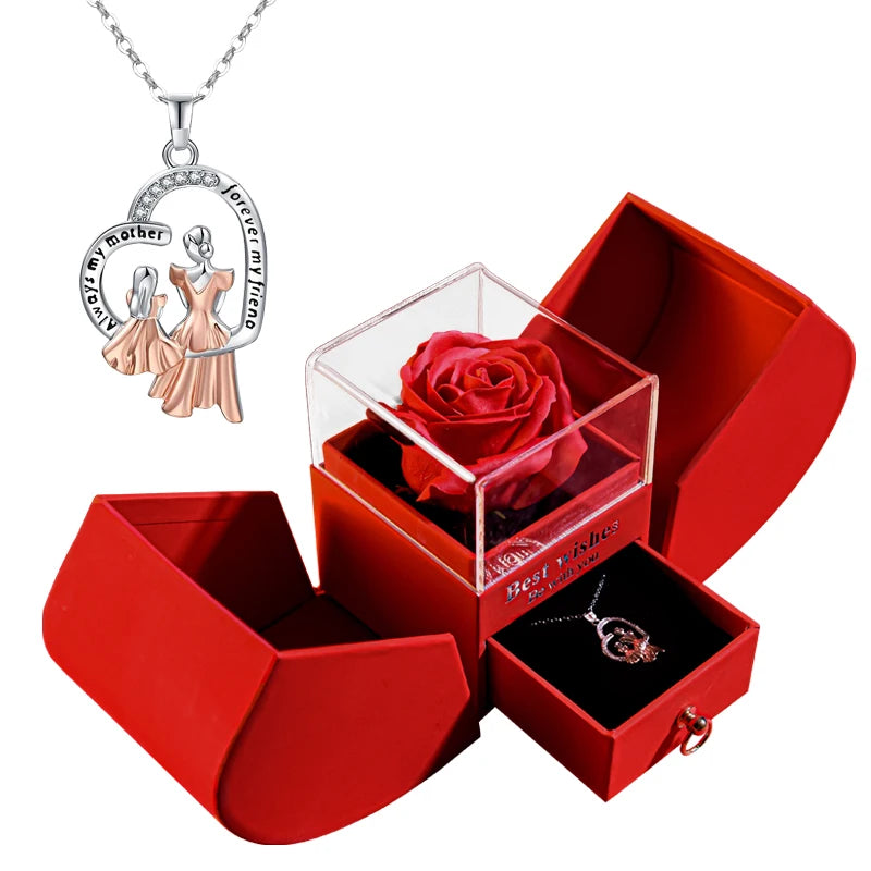 Gift for Women Eternal Rose Gift Box /w Heart Necklace I Love You To The Moon and Back Flower Jewelry Box for Valentine Wedding