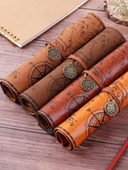 1PC Creative Treasure Map Retro Pencil Case Leather Large Capacity Roll Pencil Bag