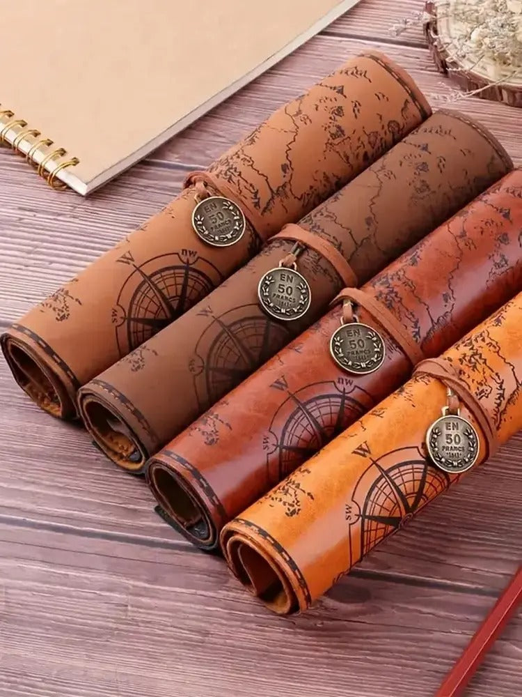 1PC Creative Treasure Map Retro Pencil Case Leather Large Capacity Roll Pencil Bag