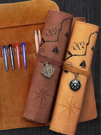1PC Creative Treasure Map Retro Pencil Case Leather Large Capacity Roll Pencil Bag