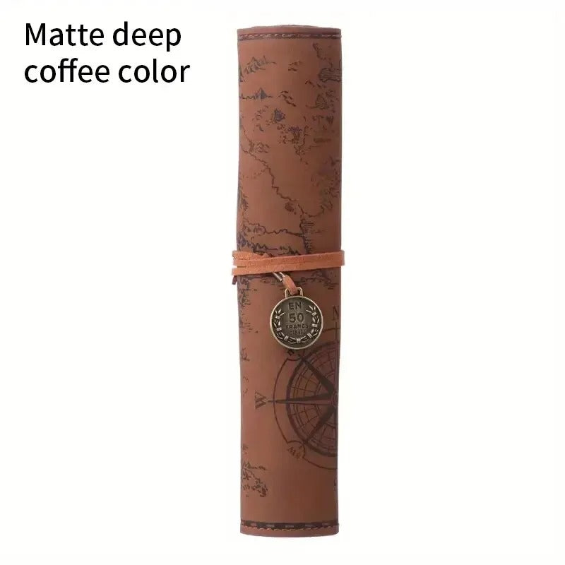 1PC Creative Treasure Map Retro Pencil Case Leather Large Capacity Roll Pencil Bag